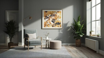 Cozy living room with armchair artwork and plants bathed in sunlight