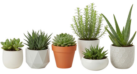 Fototapeta premium Collection of various potted succulent plants and herbs, including aloe vera and rosemary, isolated on transparent background