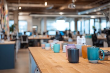 A bright open workspace with coffee mugs on every desk Staff take a moment to close their eyes and focus on slow breathing The mood feels, Generative AI 