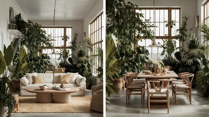 Bright loft interior with lush green plants and comfortable seating areas
