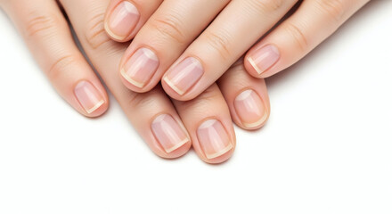 Fototapeta premium Close up of two hands with natural nails on a white surface in a well lit environment showing detail