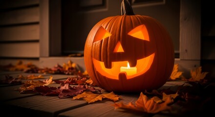 Jack O Lantern on Porch with Fall Leaves
