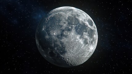 A detailed view of the moon with craters and textures against a backdrop of stars in space
