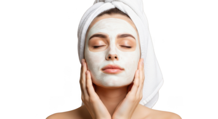 Young woman with a white facial mask on her face and a towel on her head, isolated on transparent background