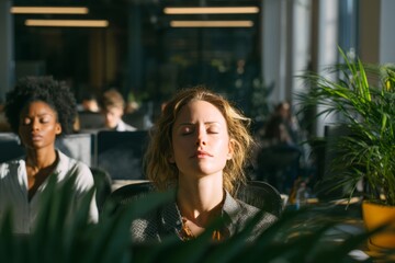 An open-plan office with potted plants and warm sunlight Employees are sitting at their desks with eyes closed focusing on their breath The mood, Generative AI
