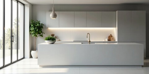 Fototapeta premium Modern Minimalist Kitchen Island Design with Integrated Lighting and Sleek Cabinetry