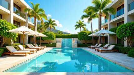 Fototapeta premium Tranquil Resort Poolside Oasis with Lush Greenery and Serene Waterfall Feature