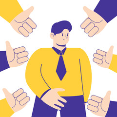 A man stands confidently surrounded by multiple hands giving a thumbs-up gesture of approval and positive feedback.