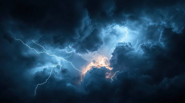 Dramatic sky with lightning strikes illuminating dark clouds during a thunderstorm at night time
