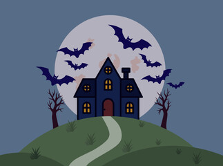 Fototapeta premium Haunted House with Bats and Full Moon Halloween Illustration