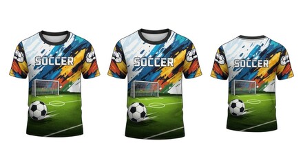 Artistic Soccer T-Shirt Mockup: Abstract Colors Meet Realistic Field and Goal