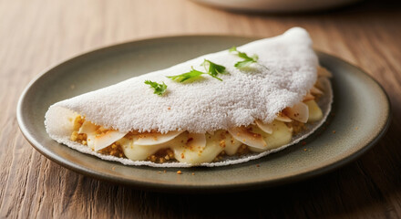 Close up of a tapioca crepe filled with banana slices and garnished with cilantro on a plate