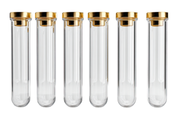 Six clear glass cylinders, each capped with a gold lid