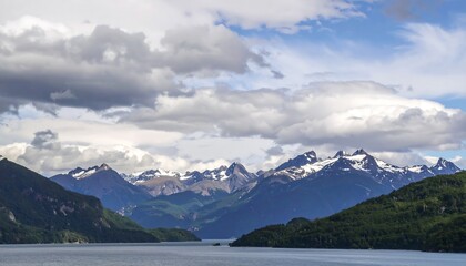 Fototapeta premium Picturesque Mountain Range Landscape View with Clouds and Water Reflection
