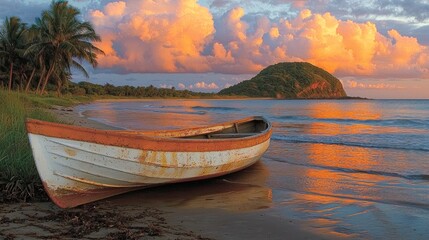 Rowboat on a serene beach at sunset