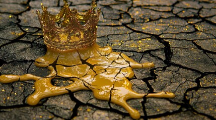 Royal crown dissolving into abstract cracked earth