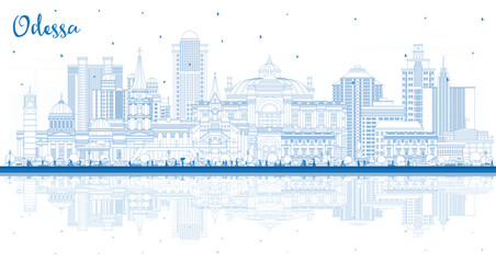 Obraz premium Outline Odessa city skyline with blue buildings and reflections. Odesa cityscape with landmarks. Business travel and tourism concept with modern and historic architecture.