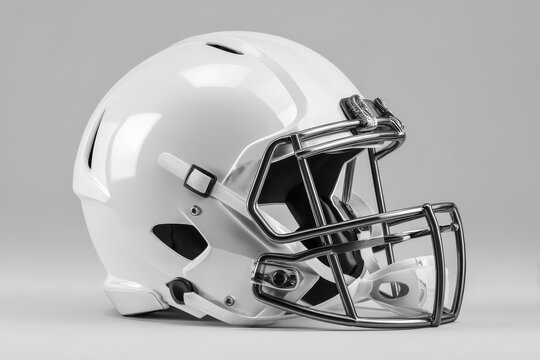 American Football Mask. White Helmet for American Football Equipment Isolated on Grey Background Mockup 3D Rendering