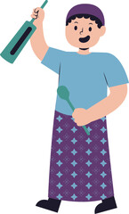 Joyful boy in traditional clothing celebrates with bat and spoon.