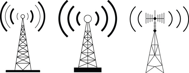 Vector illustration of three radio transmission towers with wireless signal waves, black and white broadcasting antennas, communication technology symbols
