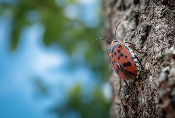 Obraz premium Close-up of a vibrant red and black insect perched on textured tree bark in a lush green forest setting