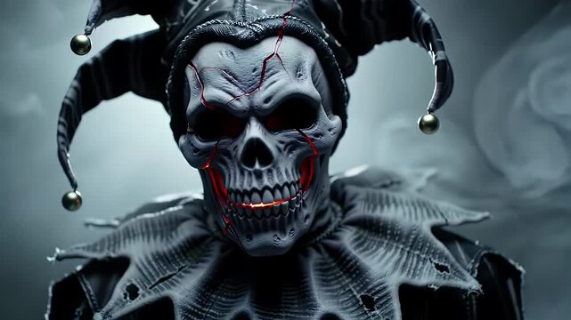 Close-up of a sinister jester mask with a skull design and blood-like details.