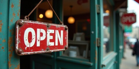 Rustic Weathered Red Open Sign Hanging on Teal Door of a Shop