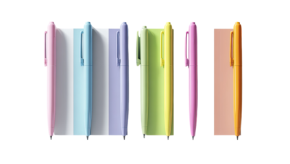 Pastel-colored pens arranged on a light background