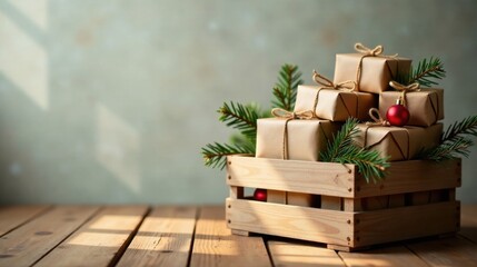 A rustic wooden crate brimming with thoughtfully wrapped gifts, adorned with evergreen boughs and a festive red ornament, bathed in the warm glow of sunlight on a wooden surface.
