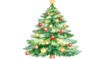 Watercolor Christmas tree adorned with red and gold ornaments, topped with a star