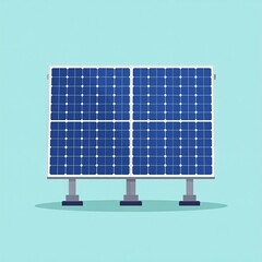 A simple, flat illustration of a large solar panel array mounted on sturdy supports against a light teal background.