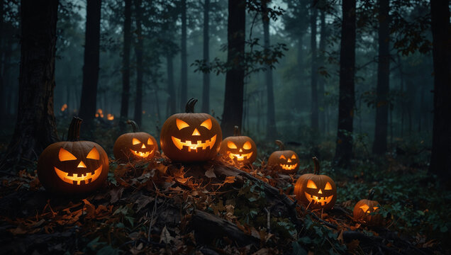 Glowing Jack-o'-Lanterns in Foggy Haunted Forest with Spooky Cabin and Cinematic Halloween Atmosphere - Powered by Adobe