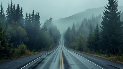 Foggy highway through pine trees 