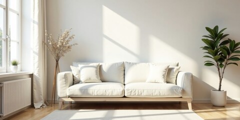 Sunlit Interior Design A Minimalist Living Room with a Cream Sofa, Natural Light, and Simple Decor