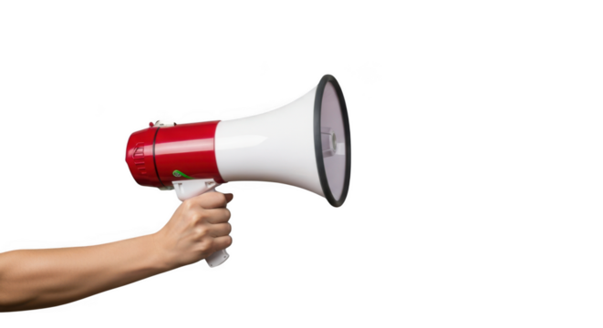 Hand holding a red and white megaphone, isolated on transparent background, ready to make an announcement or amplify a message to a crowd