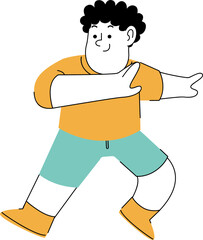 Cartoon illustration of a cheerful, chubby boy dancing with outstretched arms.