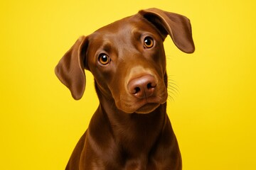 Close-up of cute brown dog with expressive eyes and floppy ears on vibrant yellow background in hyper-realistic style. Ai generative.