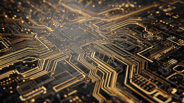Close-up of a complex printed circuit board with intricate pathways and electronic components