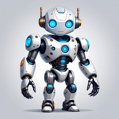 A detailed illustration showcases a futuristic robot, featuring a sleek white body with vibrant blue accents and intricate mechanical details.