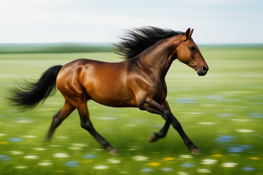 Graceful brown horse galloping across a green field with blurred motion effect and wildflowers under soft daylight on a natural light background. Ai generative - Powered by Adobe