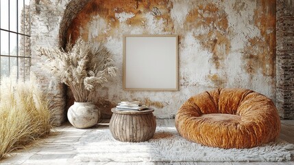 Rustic interior, framed artwork