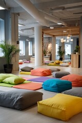 A creative design office with colorful cushions on the floor Employees are enjoying a quick yoga flow before a meeting The mood feels warm, Generative AI 