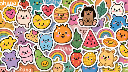 Naklejka premium Cute Animals and Fruits Sticker Set