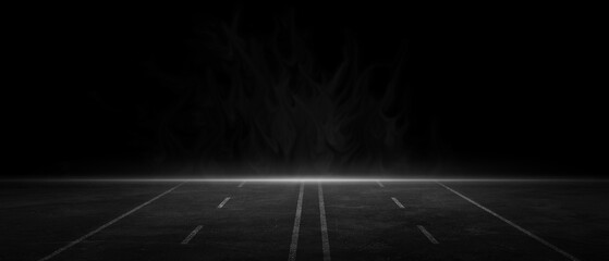 3D Rendering Abstract asphalt road with white lane marking light in a dark empty street with smoke background.