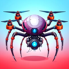 A futuristic, spider-like drone, with vibrant colors and detailed mechanical components, is displayed against a gradient background.