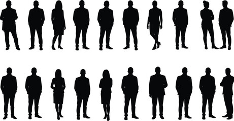 Business people silhouettes, men and women, standing poses, corporate professionals, teamwork, leadership, office staff, company employees, executive, management, success