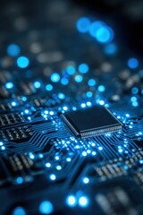 Close-up of a computer motherboard with illuminated blue LED lights and electronic components