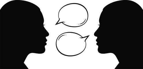 Silhouette communication, two women talking, female conversation, dialogue exchange, teamwork discussion, speech bubbles, face to face, communication concept, human interaction