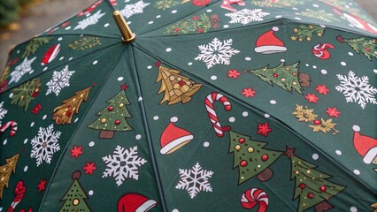 Close Up of Christmas Umbrella with Snowflake Candy Cane and Ornament Pattern for Holiday Season