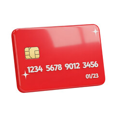 Realistic 3d rendering of a red credit card with gold chip and white numbers on a dark backdrop transparent background